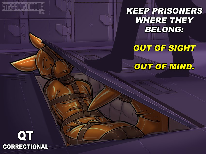 anthro bound collar encasement gag kidnapping latex male nose_tube orange_latex padded_room prisoner sensory_deprivation silhouette storage text stripedcrocodile bird_dog canid canine canis domestic_dog english_pointer hunting_dog mammal english_text