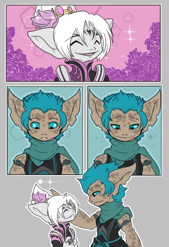 date enjoyment gaze hair happy love roleplay smile smirk white_hair twili_z guild_wars dhibb kiar asura humanoid mammal comic hi_res