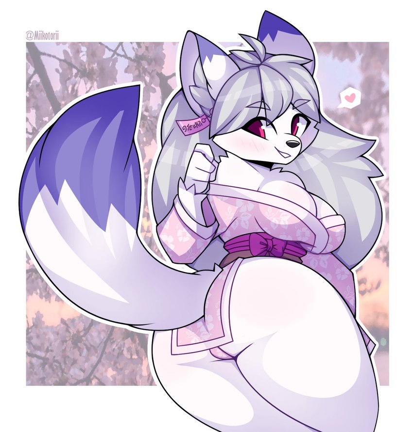 anthro asian_clothing biped blush breasts butt clothing east_asian_clothing female fur hair inner_ear_fluff japanese_clothing kimono mostly_clothed purple_clothing purple_kimono red_eyes smile solo tail tuft white_body white_fur miikotorii leah_amor canid canine canis mammal wolf hi_res