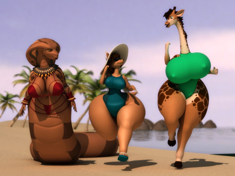 anthro apode beach big_breasts big_butt breasts brown_hair butt clothed clothing day detailed_background female group hair huge_breasts huge_butt legless lips non-mammal_breasts one-piece_swimsuit outside palm_tree plant running sand seaside serpentine simple_background sky smile snake_hood swimwear thick_thighs tree water wide_hips anthroanim abigail_roo jamila_queen_cobra kenja_giraffe cobra draconcopode giraffe giraffid kangaroo macropod mammal marsupial naga reptile scalie snake 2017 3d_(artwork) 4:3 digital_media_(artwork) hi_res