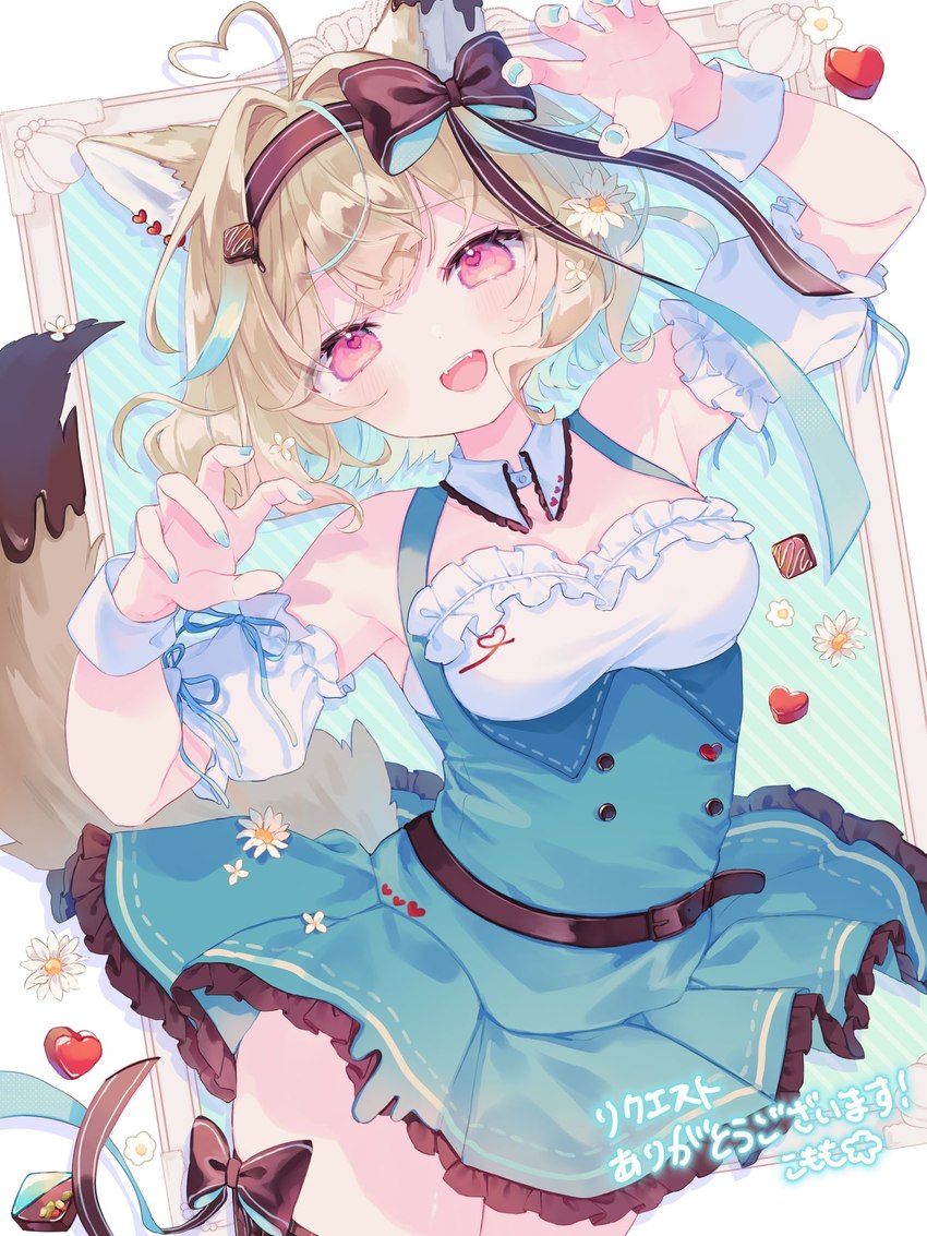 accessory ahoge alternative_fashion arm_accessory armwear blonde_hair blue_nails bow_(feature) breasts candy casual_lolita chocolate clothing colored_nails cuff_links daisy_(flower) dessert detached_sleeves dress female flower food frilly frilly_clothing frilly_dress hair hair_accessory hairband heart_ahoge j-fashion jumping lolita_(fashion) nails open_mouth open_smile overall_dress pink_eyes plant small_breasts smile solo sweet_lolita teal_clothing teal_dress text topwear tube_top white_clothing white_topwear white_tube_top wrist_accessory komomo2899 animal_humanoid canid canid_humanoid canine canine_humanoid fox_humanoid humanoid mammal mammal_humanoid hi_res japanese_text teal_theme translated