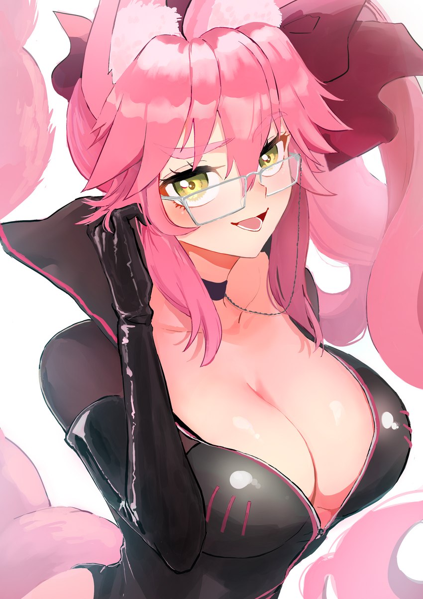 big_breasts blush bodysuit bow_ribbon breasts clothing eyewear female fluffy_ears glasses hair huge_breasts long_hair open_mouth pink_hair seductive simple_background skinsuit smile solo tight_clothing yellow_eyes moritaeaka fate_(series) type-moon koyanskaya_(fate) animal_humanoid canid canid_humanoid canine canine_humanoid fox_humanoid humanoid mammal mammal_humanoid absurd_res hi_res