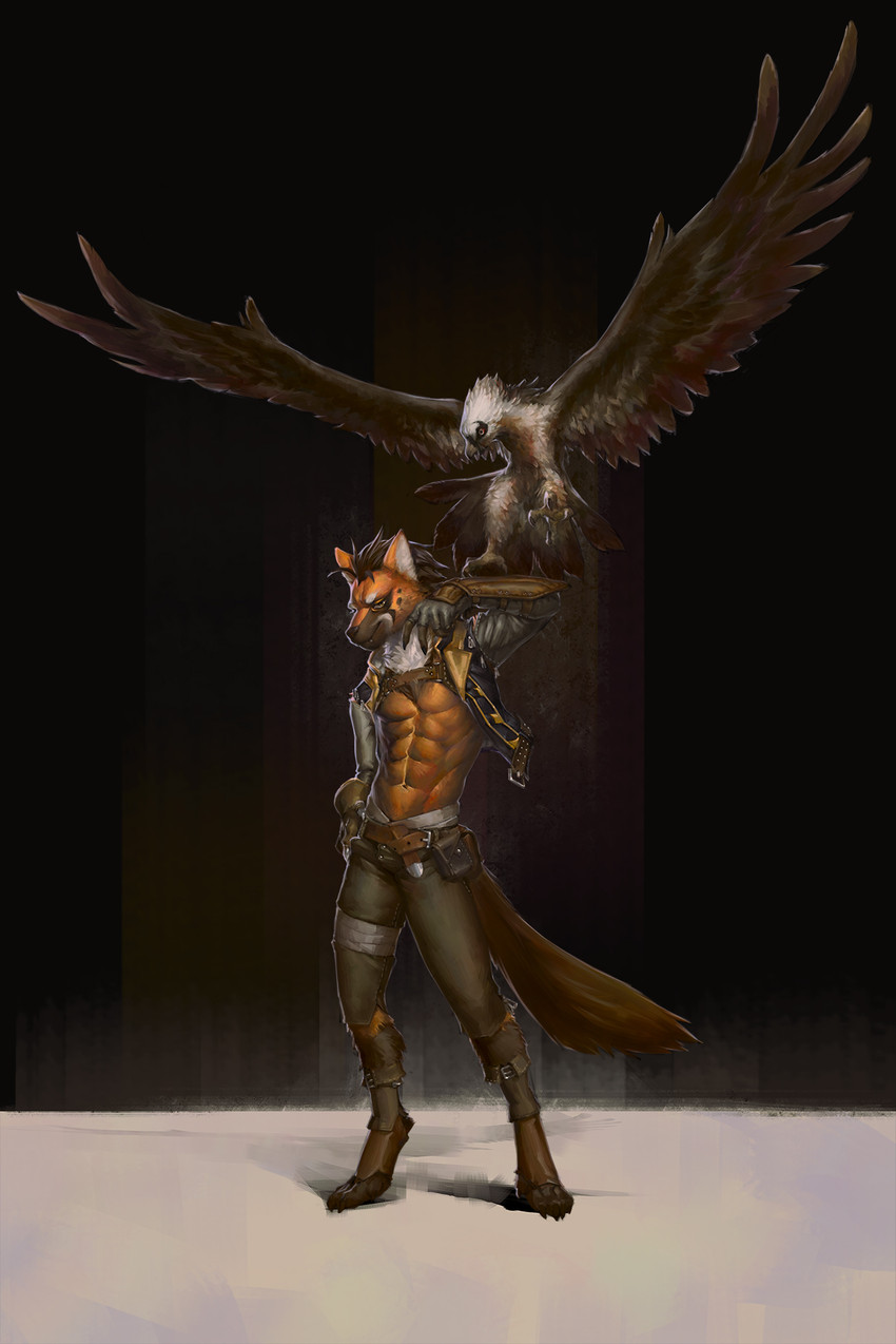 4_toes abs ambiguous_gender anisodactyl anthro belt biped black_body black_feathers black_nose brown_body brown_feathers brown_fur brown_hair brown_tail_feathers clothed clothing digitigrade duo feathered_wings feathers feet feral flying fur hair inner_ear_fluff jacket looking_at_viewer male multicolored_body multicolored_feathers multicolored_fur muscular muscular_male open_clothing open_jacket open_topwear orange_body orange_fur smile spread_wings standing tail tail_feathers talons toes topwear tuft white_body white_feathers white_fur wings botak accipitrid accipitriform avian bearded_vulture bird canid canine mammal maned_wolf old_world_vulture vulture 2019 hi_res