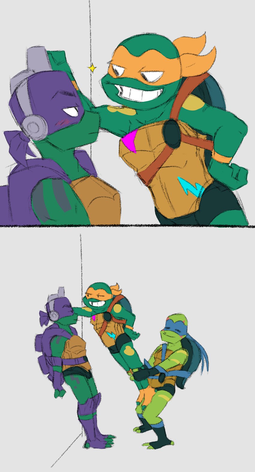 anthro bald blush flirting green_body group kabedon male male/male markings mask shell two_panel_image threek rise_of_the_teenage_mutant_ninja_turtles teenage_mutant_ninja_turtles donatello_(tmnt) leonardo_(tmnt) michelangelo_(tmnt) wingman box_turtle ornate_box_turtle pond_slider red-eared_terrapin reptile scalie softshell_turtle spiny_softshell_turtle terrapin turtle absurd_res hi_res incest_(lore)