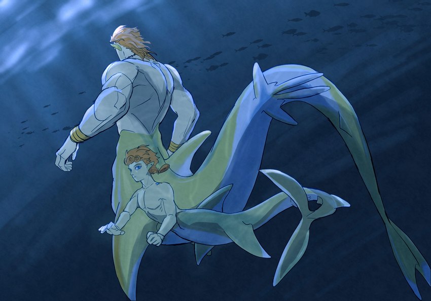 age_difference alternate_species animal_genitalia bracelet_only claspers duo genitals human_torso male muscular muscular_male scar sea size_difference split_form underwater water boni_(artist) jojo's_bizarre_adventure dio_brando giorno_giovanna fish humanoid mammal marine marine_taur merfolk shark shark_merfolk taur hi_res father_(lore) father_and_child_(lore) father_and_son_(lore) parent_(lore) parent_and_child_(lore) parent_and_son_(lore) son_(lore)