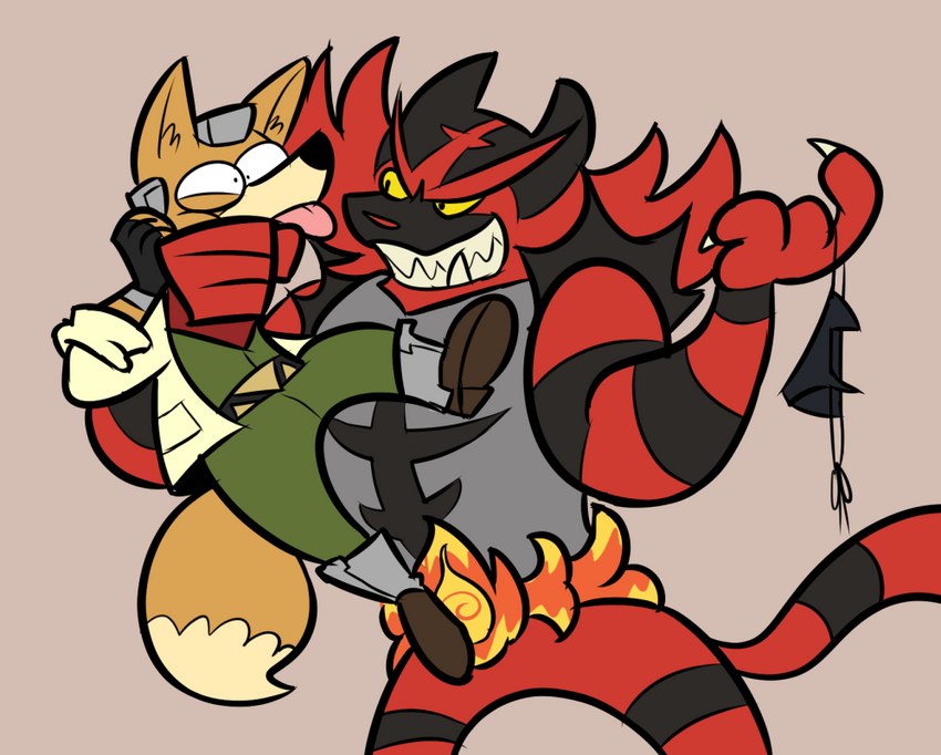 anthro clothing duo footwear gloves handwear male simple_background teeth tongue tongue_out rusheloc nintendo pokemon star_fox fox_mccloud canid canine fox generation_7_pokemon incineroar mammal pokemon_(species) crossover