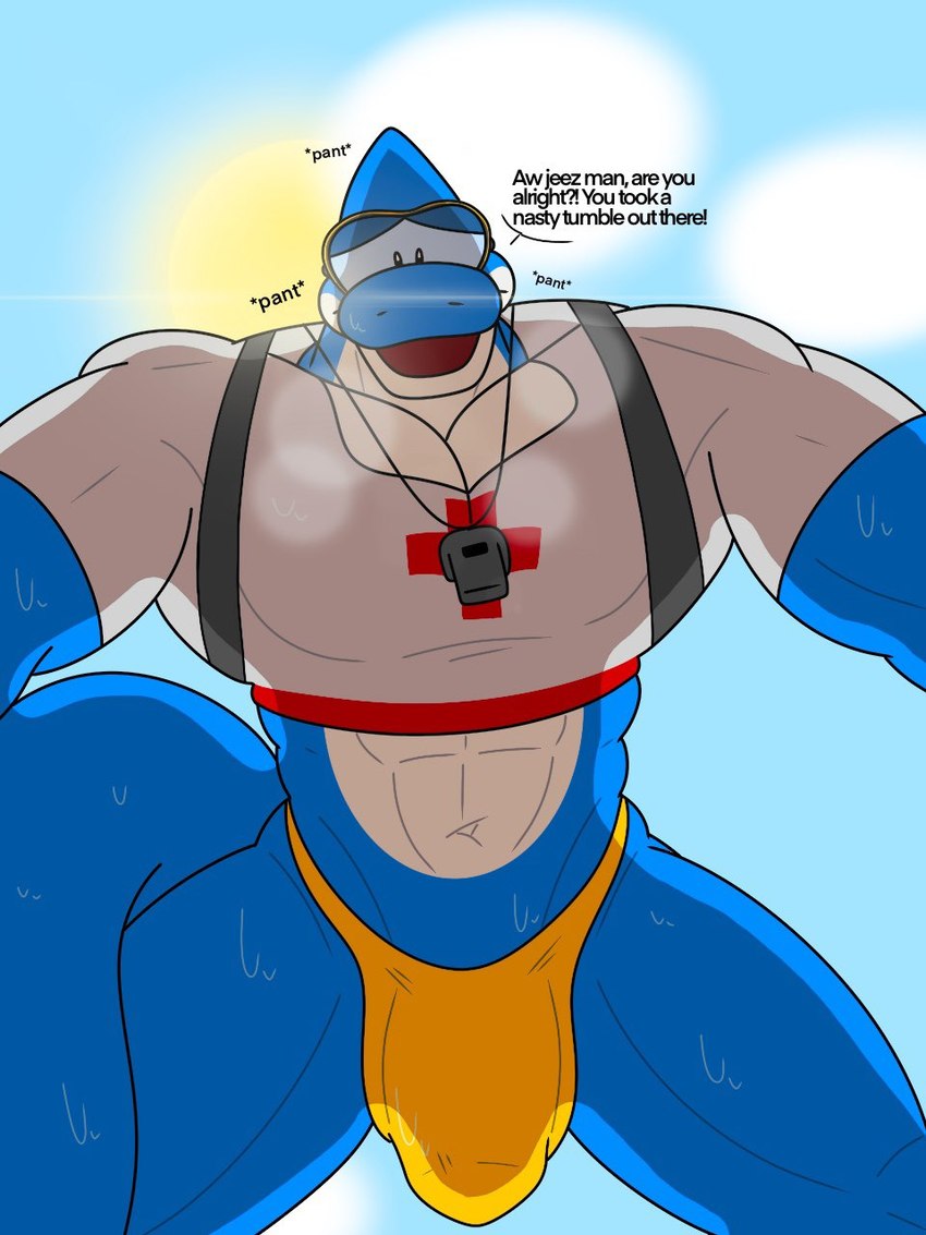 abs anthro arms_out blue_body blue_skin bodily_fluids breath bulge clothed clothing cloud crop_top detailed_bulge dialogue exclamation_point first_person_view front_view genital_outline lifeguard lifeguard_swimsuit looking_at_viewer male midriff multicolored_body multicolored_skin muscular muscular_anthro muscular_male navel open_mouth panting penis_outline question_mark shirt skimpy skimpy_bottomwear solo sweat swimwear tail tankini text tight_clothing topwear two-piece_swimsuit two_tone_body two_tone_skin underwear whistle_(object) whistle_around_neck white_body white_skin worried yellow_clothing yellow_underwear kelsdungeon mario_bros nintendo tuck_(kelsdungeon) cetacean dolphin dolphin_(mario) mammal marine toothed_whale 2023 3:4 digital_media_(artwork) english_text hi_res