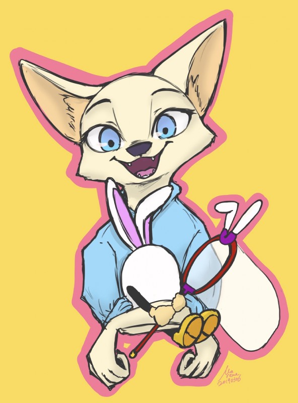 ambiguous_gender anthro black_nose blue_eyes fangs fur holding_object inner_ear_fluff looking_at_viewer open_mouth open_smile simple_background smile solo teeth tuft white_body white_fur yellow_background marema_kishin disney zootopia skye_(zootopia) arctic_fox canid canine fox mammal true_fox 2019 hi_res