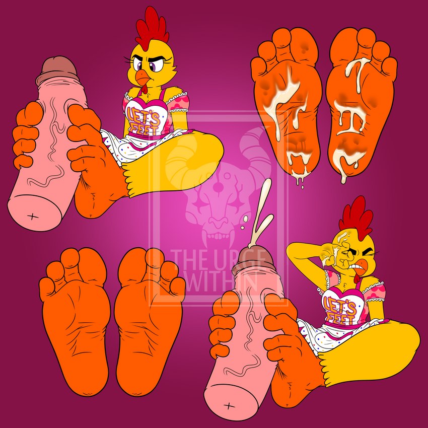 4_toes annoyed anthro bodily_fluids covering covering_face cum cum_on_face cum_on_feet cum_on_soles disembodied_penis ejaculation feathers feet female female_focus foot_fetish foot_focus foot_play footjob genital_fluids genitals grimace humanoid_feet male male/female penile penis plantigrade sex soles toes vein veiny_penis yellow_body yellow_feathers the_urge_within five_nights_at_freddy's scottgames chica_(fnaf) avian bird chicken galliform gallus_(genus) phasianid 1:1 2020 digital_media_(artwork) distracting_watermark hi_res watermark