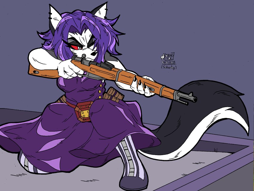 aiming belt belt_pouch black_body black_fur boots breasts buckle building claws clothing cosplay crossover_cosplay dress ear_piercing ear_ring female finger_claws fluffy fluffy_tail footwear fur grey_background gun hair medium_breasts mosin-nagant multicolored_body multicolored_fur one_eye_closed piercing public purple_clothing purple_dress purple_hair ranged_weapon red_sclera rifle rifle_barrel ring_piercing rooftop satchel shoes simple_background sleeveless_dress sniper sniper_rifle solo tail tall_boots text two_tone_body two_tone_fur two_tone_tail voice_actor_joke weapon white_body white_eyes white_fur zhengfox helluva_boss my_hero_academia mythology lady_nagant loona_(helluva_boss) canid canid_demon canine demon hellhound humanoid mammal mythological_canine mythological_creature 2023 artist_name crossover hi_res signature widescreen