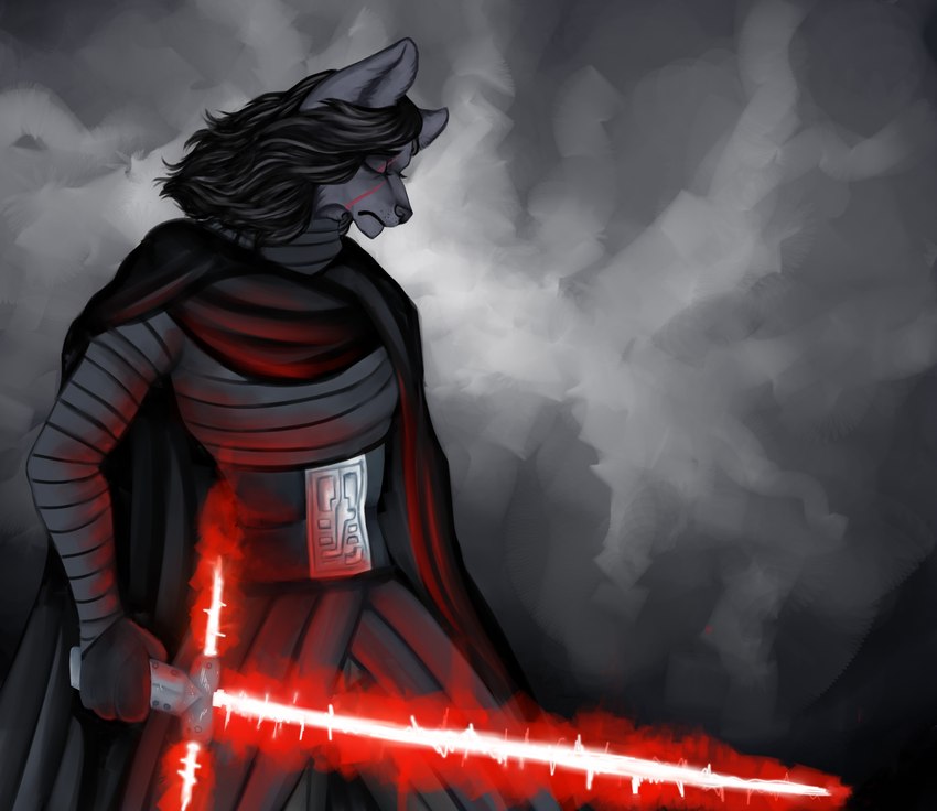 alternate_species anthro crossguard_lightsaber eye_scar facial_scar holding_lightsaber lightsaber male melee_weapon red_lightsaber scar solo weapon cassielink star_wars kylo_ren canid canine mammal absurd_res digital_media_(artwork) digital_painting_(artwork) hi_res sketch