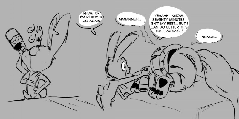 after_sex all_fours anthro bed beverage dialogue duo erection eyes_closed female furniture genitals hand_on_hip larger_female male nude penis predator/prey size_difference smaller_male speech_bubble tapering_penis text towel fatz_geronimo disney zootopia avery_(zootopia) ellie_(zootopia) fan_character felid lagomorph leporid mammal pantherine rabbit tiger english_text monochrome sketch