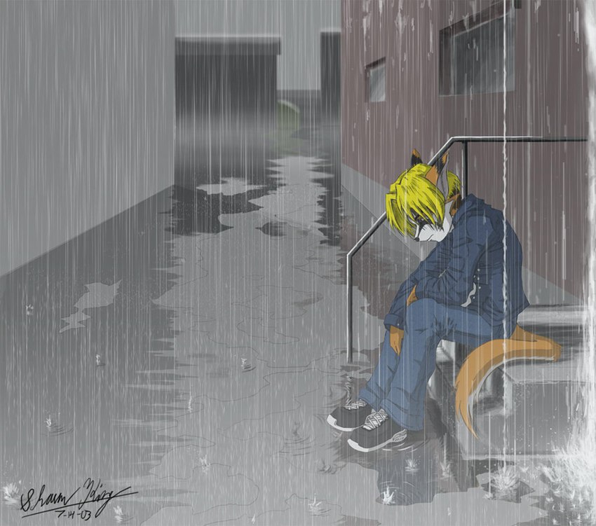 anthro biped blonde_hair bottomwear clothed clothing denim denim_bottomwear denim_clothing footwear fully_clothed hair jeans male outside pants raining shirt shoes sitting solo stairs topwear alshin canid canine fox mammal true_fox 2007