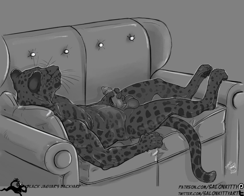 animal_genitalia animal_penis anthro balls feet_on_furniture feet_on_sofa feline_genitalia feline_penis furniture genitals lying lying_on_sofa male masturbation nude on_back on_sofa over_edge paws penile_spines penis sofa solo spots tail_on_furniture tail_on_sofa tail_over_edge text salonkitty felid leopard mammal pantherine url