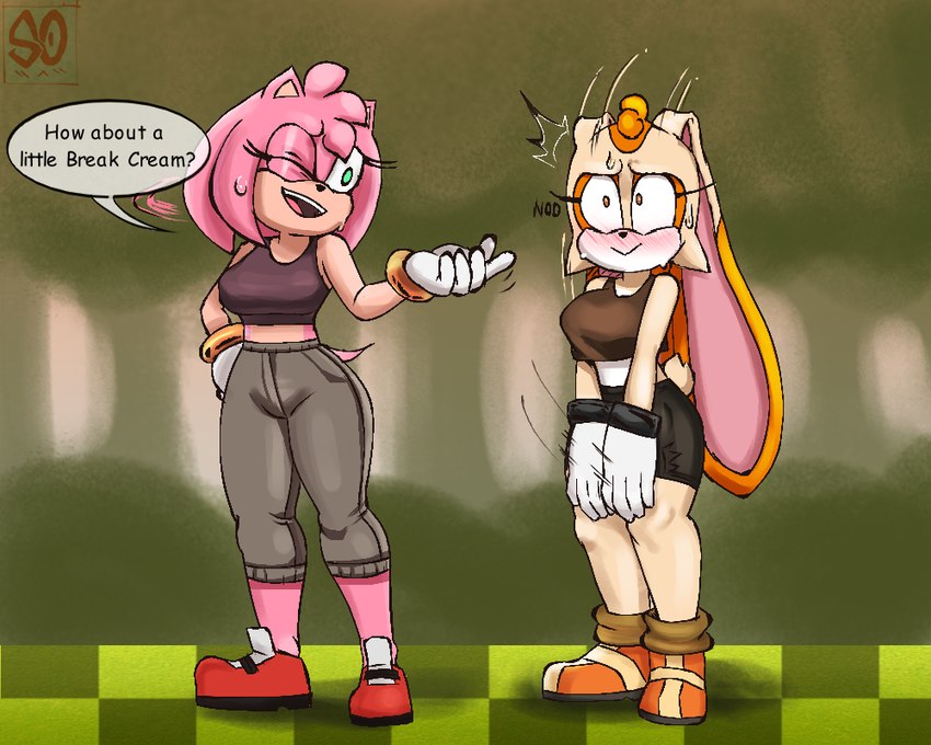 5_fingers anthro bodily_fluids bottomwear clothed clothing covering covering_crotch covering_self dialogue duo exercise female fingers footwear frustrated jogging nervous outside panicking pent_up shoes shorts speech_bubble standing sweat workout workout_clothing souley69 sega sonic_the_hedgehog_(series) amy_rose cream_the_rabbit eulipotyphlan hedgehog lagomorph leporid mammal rabbit 5:4