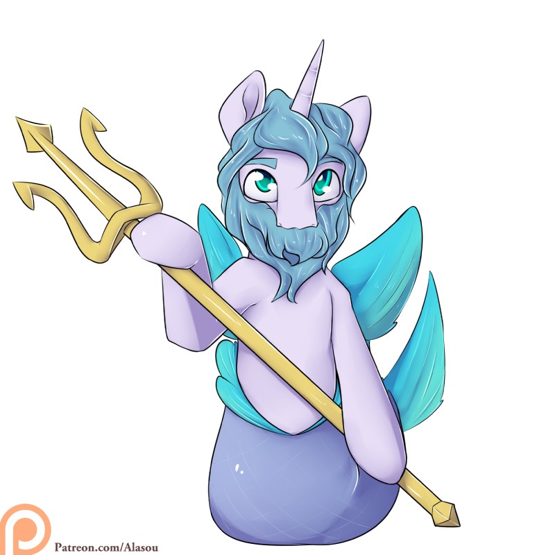 beard blue_eyes blue_hair facial_hair feral hair horn male melee_weapon patreon_logo polearm simple_background solo text trident weapon website_logo white_background alasou european_mythology greek_mythology hasbro my_little_pony mythology patreon poseidon equid equine mammal mythological_creature mythological_equine unicorn 1:1 2016 hi_res url