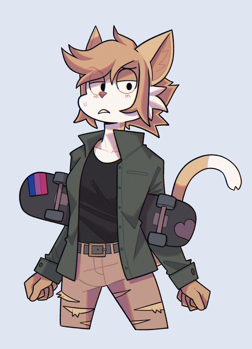 anthro bodily_fluids brown_hair clothed clothing eyebrows female fur hair inner_ear_fluff looking_at_viewer raised_eyebrow simple_background skateboard solo sweat sweatdrop torn_clothing tuft vehicle white_body white_fur osmoru felid feline mammal 2022 hi_res