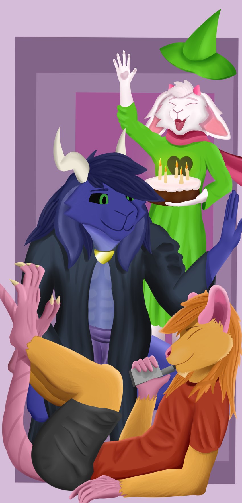 anthro bald_tail black_eyes cake candle cloak clothed clothing cozy dessert feet fluffy_ears food fur gesture group hair hand_gesture happy hat headgear headwear horn male open_mouth paws scarf shirt simple_background smile t-shirt tail tongue topwear trio vape waving wizard_hat sadamsrebel deltarune undertale_(series) ralsei rebel_(sadamsrebel) rebel_coldfeet sadams_(sadamsrebel) sadams_hellwaver bovid caprine goat mammal murid murine rat rodent absurd_res hi_res lineless