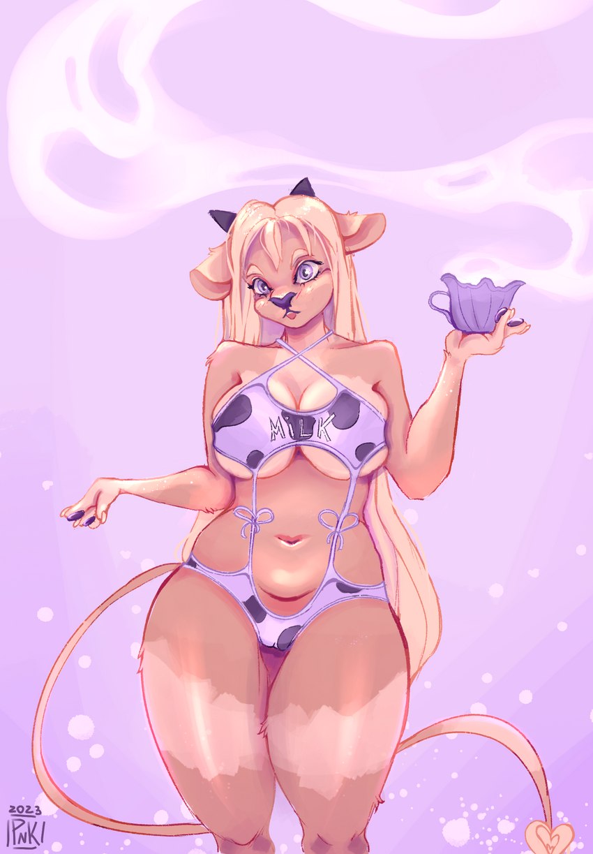 belly big_breasts blonde_hair breasts female hair milk solo standing thick_thighs panika bovid bovine cattle mammal 2023 artist_name hi_res sketch