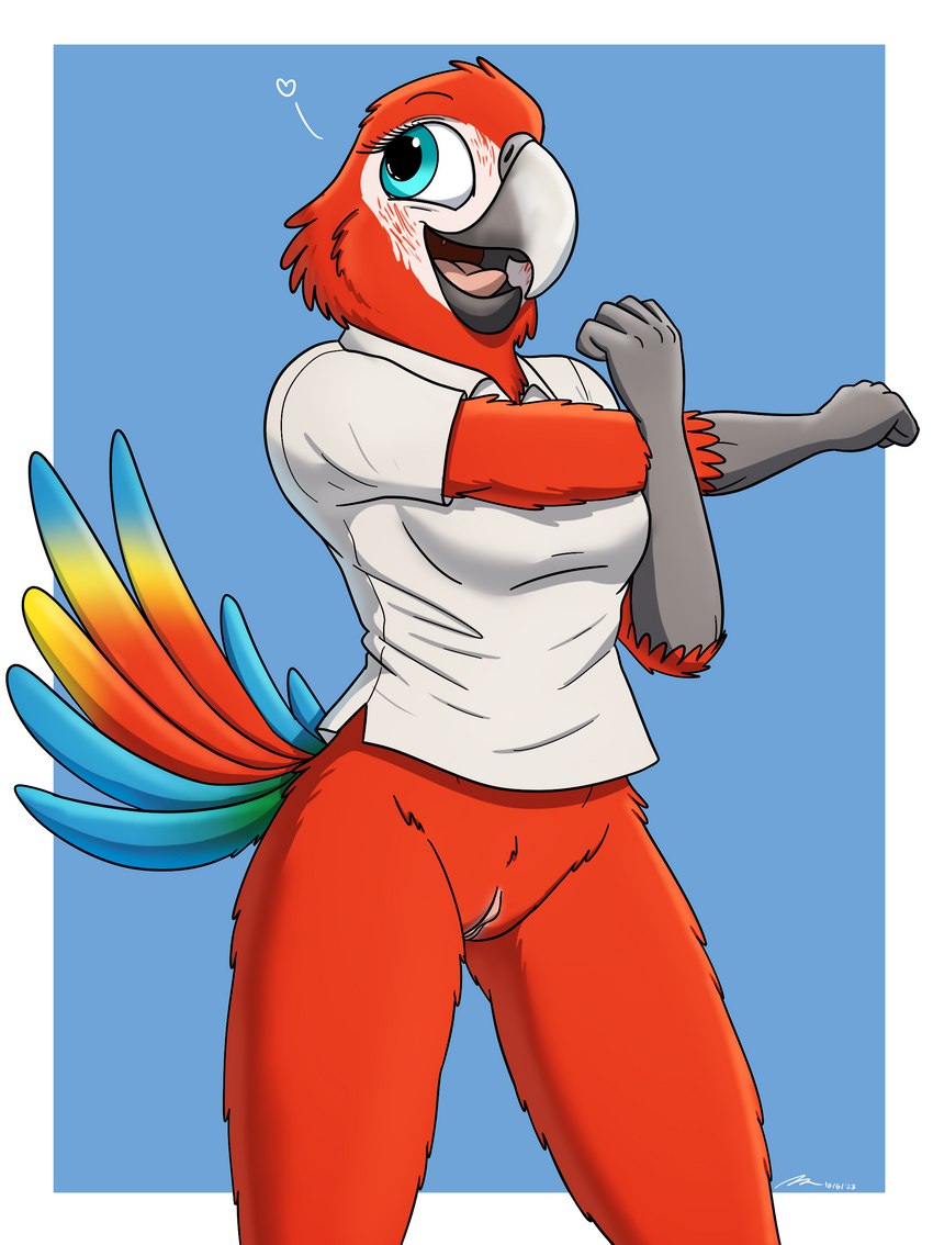 anthro bottomless clothed clothing cross-body_shoulder_stretch female genitals heart_symbol polo_shirt pussy shirt solo stretching topwear fish_birb samantha_(fish_birb) avian bird macaw neotropical_parrot parrot true_parrot absurd_res hi_res