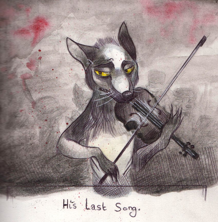 4_toes bent_legs black_claws bowed_string_instrument claws feet feral frown frown_eyebrows fur grey_background grey_body grey_fur half-closed_eyes holding_violin holding_violin_bow looking_down male musical_instrument narrowed_eyes paint_splatter playing_music playing_violin sad simple_background solo string_instrument text toe_claws toes violin violin_bow whiskers yellow_eyes umbra-avis veelo_(umbra-avis) canid canine fox mammal 2014 colored english_text hi_res traditional_media_(artwork)