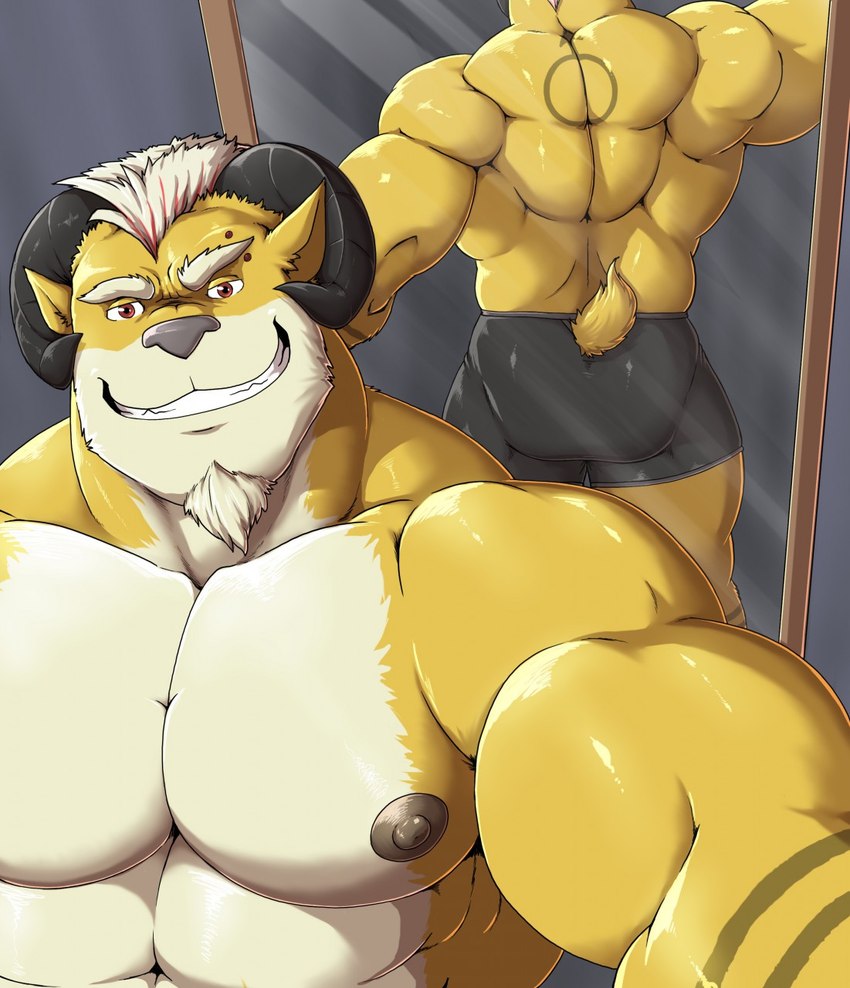 anthro back_muscles beard big_muscles black_horn black_nipples black_nose bottomwear brown_eyes butt clothed clothing facial_hair fur grin hair horn huge_muscles looking_at_viewer male mirror muscular muscular_anthro muscular_male nipples selfie shorts smile tattoo tight_clothing topless white_hair yellow_body yellow_fur gojho volt_(muscleramvolt) bovid caprine mammal 2019 hi_res