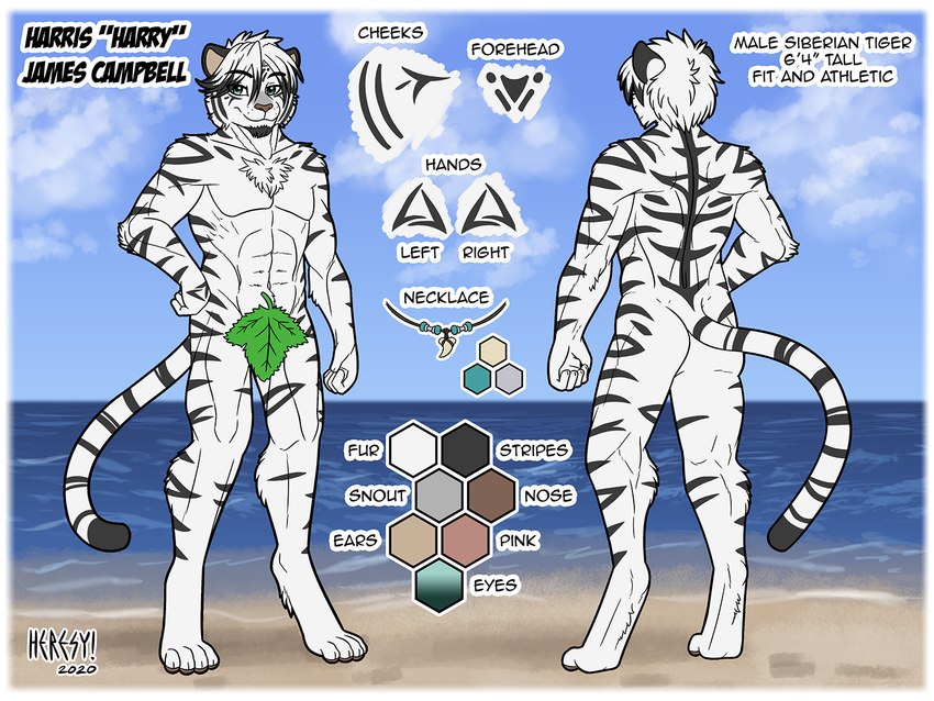 abs anthro athletic athletic_anthro athletic_male back_muscles beach biceps border butt casual_nudity color_swatch fur jewelry leaf leaf_censor male muscular muscular_male necklace nude nude_beach outdoor_nudity outline outside pecs rear_view sea seaside solo striped_body striped_fur stripes text water white_body white_border white_fur heresy_(artist) harry_campbell felid mammal pantherine tiger 2020 4:3 digital_media_(artwork) english_text full-length_portrait model_sheet portrait signature