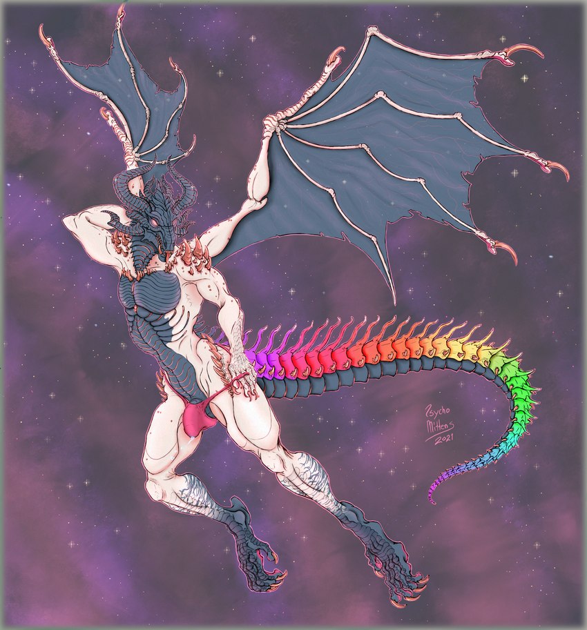 anthro ball_slip balls balls_outline barely_visible_balls barely_visible_genitalia becoming_erect blep bodily_fluids bottomwear bulge claws clothed clothing clothing_pull cloud detailed_bulge dripping fangs flying genital_fluids genital_outline genitals glowing glowing_eyes hand_behind_head horn looking_at_viewer male multicolored_body multicolored_scales multicolored_tail partially_clothed penis penis_base penis_outline penis_poking_out precum precum_drip precum_string precum_through_clothing precum_through_underwear pupils rainbow_tail raised_arm red_clothing red_underwear scales side_balls skimpy solo space spiked_tail spikes spikes_(anatomy) tail teeth thong tongue tongue_out two_tone_body underwear underwear_down underwear_pull wet wet_clothing white_body white_pupils wings yellow_eyes zero_gravity psychomittens mythology nighttide_draco alien dragon mythological_creature mythological_scalie reptile scalie hi_res