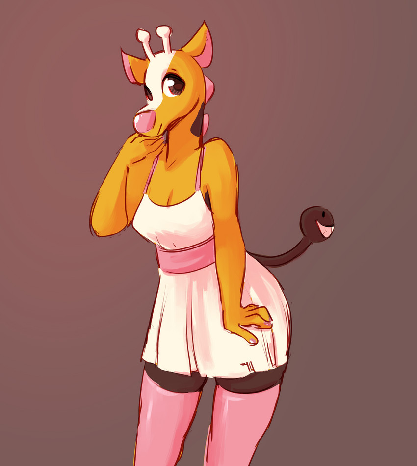 anthro anthrofied breasts cleavage clothed clothing dress female front_view fully_clothed looking_at_viewer pokemorph solo standing yellow_body rainbowsprinklesart nintendo pokemon generation_2_pokemon girafarig giraffid mammal pokemon_(species) 2020 hi_res portrait three-quarter_portrait