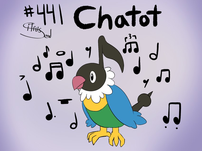 ambiguous_gender beak blue_body blue_feathers feathers feet feral green_body green_feathers musical_note musical_symbol neck_tuft solo symbol tuft white_body white_feathers wings yellow_body yellow_feathers yellow_feet citrusseed nintendo pokemon avian chatot generation_4_pokemon pokemon_(species) 4:3 hi_res