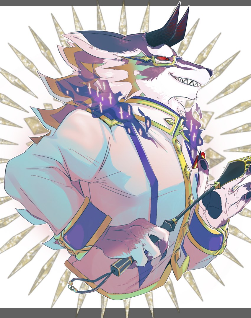 4_fingers anthro clothed clothing costume eyewear fingers fur glasses horn looking_away male multicolored_body multicolored_fur purple_body purple_clothing purple_fur solo white_body white_clothing white_fur izm_rm7 lifewonders tokyo_afterschool_summoners bael_(tas) canid canine canis demon jackal mammal hi_res