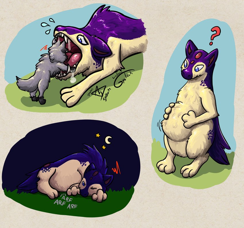 abdominal_bulge blue_eyes countershading feral feral_pred feral_prey larger_pred male male_pred male_prey markings mottled mottled_body night oral_vore paws purple_body quadruped red_markings tan_body vore gyrotech kupferudelwolf nintendo pokemon blitz_(gyro) fan_character stellarity_the_poochyena generation_2_pokemon pokemon_(species) quilava absurd_res hi_res