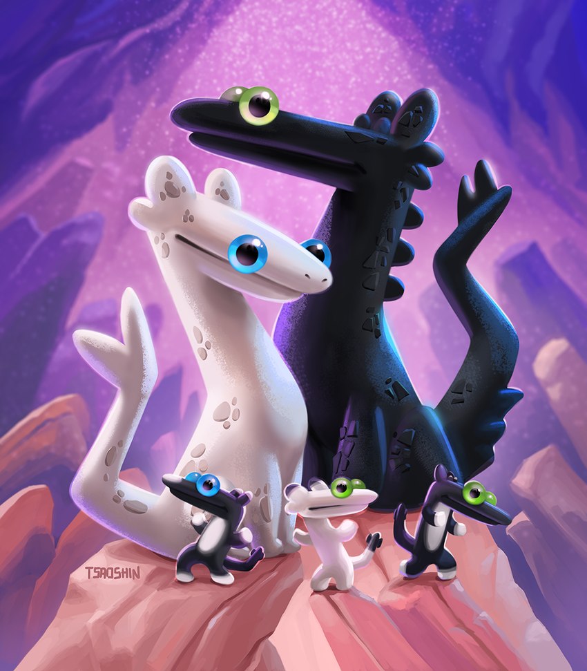 ambiguous_gender black_body black_scales black_tail blue_eyes feral green_eyes group monotone_body monotone_scales multicolored_body multicolored_scales pose scales stylized_background tail two_tone_tail white_tail young tsaoshin dreamworks european_mythology how_to_train_your_dragon mythology toothless_dancing dart_(httyd) nubless pouncer_(httyd) ruffrunner_(httyd) toothless dragon fury_(httyd) hybrid light_fury mythological_creature mythological_scalie night_fury night_light_(species) scalie western_dragon 2024 hi_res