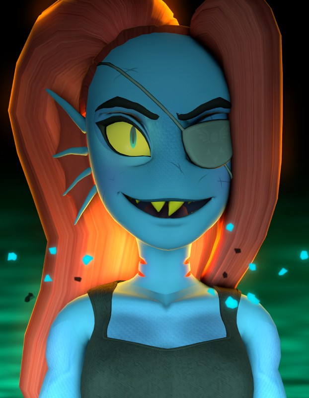 anthro blue_body blue_skin clothed clothing eye_patch eyewear female hair long_hair open_mouth red_hair smile solo teeth topwear yellow_sclera yellow_teeth uwotinfokm8 rafaknight-rk_(modeler) undertale undertale_(series) undyne fish marine 3d_(artwork) digital_media_(artwork) hi_res