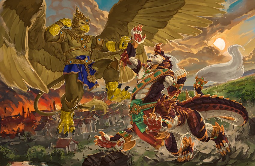 4_toes 5_fingers 5_toes abs anthro apode barefoot beak biceps biped bottomwear brown_body brown_eyes brown_feathers brown_fur building building_destruction burning burning_building city city_background city_destruction cityscape claws clothed clothing crush destruction duo extreme_size_difference feathered_wings feathers feet fingers fire fur gem handwear headgear headwear house jewelry knee_pads landscape_dwarfing legless loincloth macro macro_anthro macro_male macro_taur male muscular muscular_anthro muscular_male necklace nude open_mouth outside pawpads paws pecs rampage serpentine size_difference sky smile stomping sunset tail teeth thailand toes wings elkaart mythology pyronite(commissioner) carpo ph'ya_(pyronite) avian draconcopode gryphon mythological_avian mythological_creature naga taur hi_res