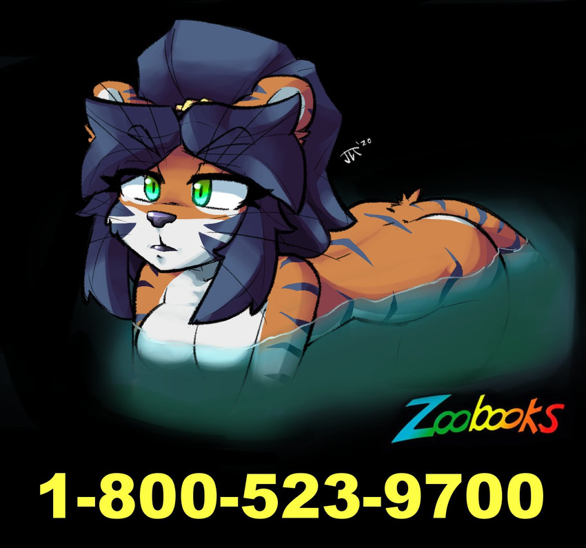 anthro black_background black_hair black_nose breasts female green_eyes hair nude number phone_number simple_background solo text whiskers waffl3sk4t zoobooks julia_(waffl3sk4t) felid mammal pantherine tiger 2020 digital_drawing_(artwork) digital_media_(artwork) hi_res signature