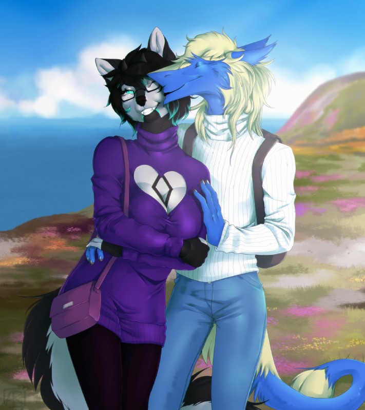 anthro black_hair blonde_hair blue_body blue_eyes blue_fur day detailed_background duo eyewear female fur glasses hair outside sky smile tail rayley julian_(fluffserg) canid canine mammal sergal 2018 digital_media_(artwork)