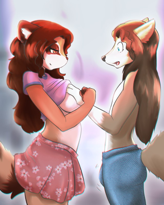 amber_eyes anthro bedroom_eyes black_nose blue_eyes blush bottomwear breasts brown_body brown_fur brown_hair brown_nose bulge clothed clothing duo erection female fluffy fluffy_tail fur grope guided_breast_grab hair hand_on_another's_breast hand_on_breast legwear long_hair male male/female markings narrowed_eyes open_mouth raised_clothing raised_shirt raised_topwear seductive shirt side_boob simple_background skirt smile standing tail tenting tongue topless topwear white_body white_fur cainethelongshot madeline_(cainethelongshot) rhys canid canine canis mammal procyonid raccoon wolf 2016 4:5 hi_res