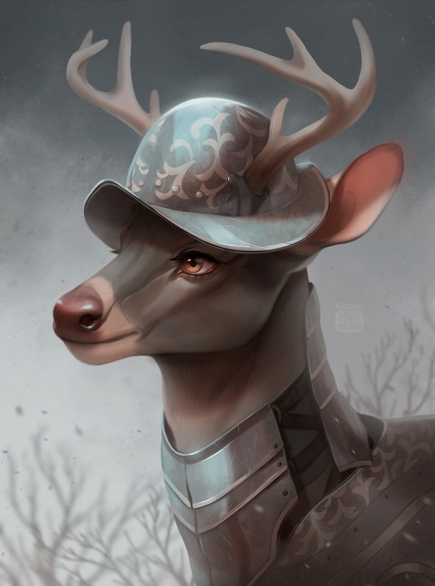 ambiguous_gender antlers armor brown_body brown_eyes brown_nose eyelashes feral feral_armor furgonomic_headwear furgonomics glistening glistening_eyes headgear helmet horn mouth_closed side_view simple_background solo wearing_helmet marie_merkh deer mammal artist_name bust_portrait hi_res portrait