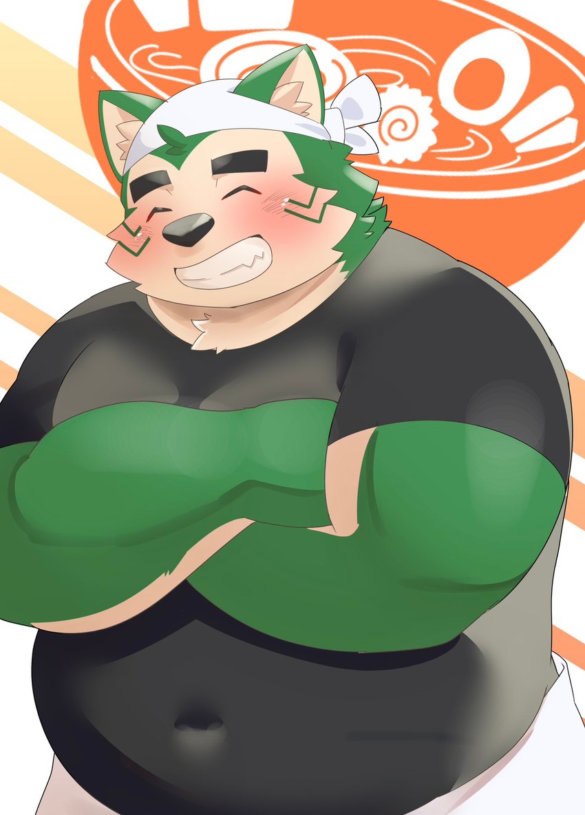 anthro belly blush clothing crossed_arms eyebrows eyes_closed food fur green_body green_fur grin kerchief male noodles overweight overweight_male ramen shirt smile solo t-shirt thick_eyebrows topwear amidasuke lifewonders live_a_hero mokdai canid canine canis domestic_dog mammal hi_res