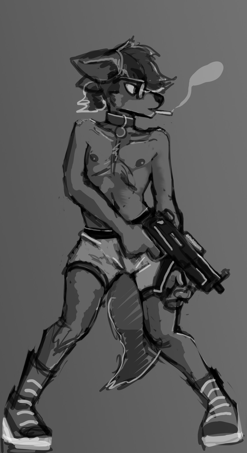 ambiguous_gender anthro bad_trigger_discipline biped clothed clothing collar eyewear footwear glasses grey_background gun holding_gun holding_object holding_ranged_weapon holding_weapon nipples plantigrade ranged_weapon shoes simple_background smoking solo submachine_gun topless weapon wolfox09 kanehei canid canine canis fox hybrid mammal wolf absurd_res hi_res monochrome nonbinary_(lore)