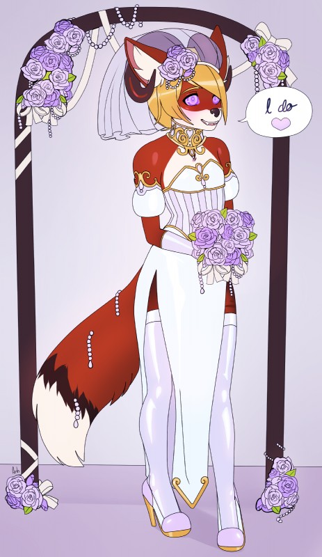 anthro beads biped blonde_hair clothed clothing collar crossdressing dress femboy flower footwear gloves hair handwear heart_symbol high_heels horn hypnosis legwear male mind_control plant pumps ringed_eyes shoes solo stockings submissive submissive_male text wedding wedding_dress wife arh raiko_amani canid canine fox mammal 2018 absurd_res english_text hi_res