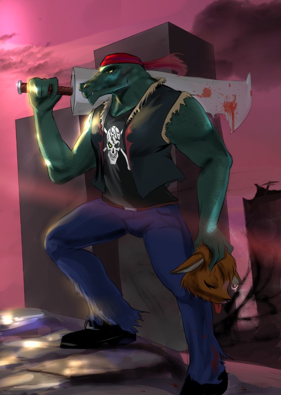 5_fingers anthro belt big_weapon blood blood_on_clothing blood_on_ground blood_on_weapon bodily_fluids bottomwear brown_body brown_fur clothed clothing day death decapitation ear_piercing fingers footwear fully_clothed fur gore green_body green_scales holding_melee_weapon holding_object holding_sword holding_weapon kerchief male melee_weapon outside pants piercing scales severed_body_part severed_head shirt shoes sky solo step_pose sword tank_top tongue tongue_out topwear vest weapon unknown_artist cedric_steiner dead_echo helmeted_lizard lizard reptile scalie snake digital_media_(artwork) full-length_portrait hi_res portrait