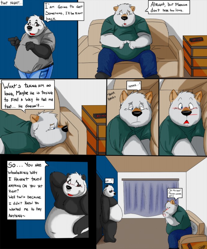 anime_nosebleed anthro blood blush bodily_fluids dialogue heterochromia male male/male nosebleed nude overweight slice_of_life text jakegr bod kanon bear canid canine canis domestic_dog giant_panda mammal 5:6 comic english_text hi_res