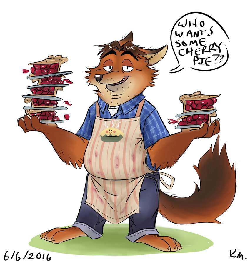 anthro apron belly black_nose bottomwear clothing dessert dialogue food humanoid_hands male overweight overweight_male pants pastry pie shirt solo text topwear mcthundergoose disney zootopia gideon_grey canid canine fox mammal red_fox true_fox 2016 english_text