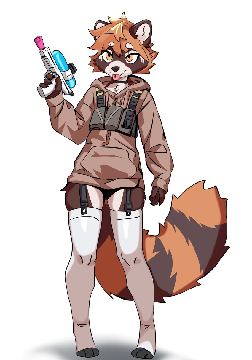 anthro blep clothing hoodie legwear male solo standing stockings tongue tongue_out topwear water_pistol mr_bubba mammal procyonid raccoon full-length_portrait hi_res portrait