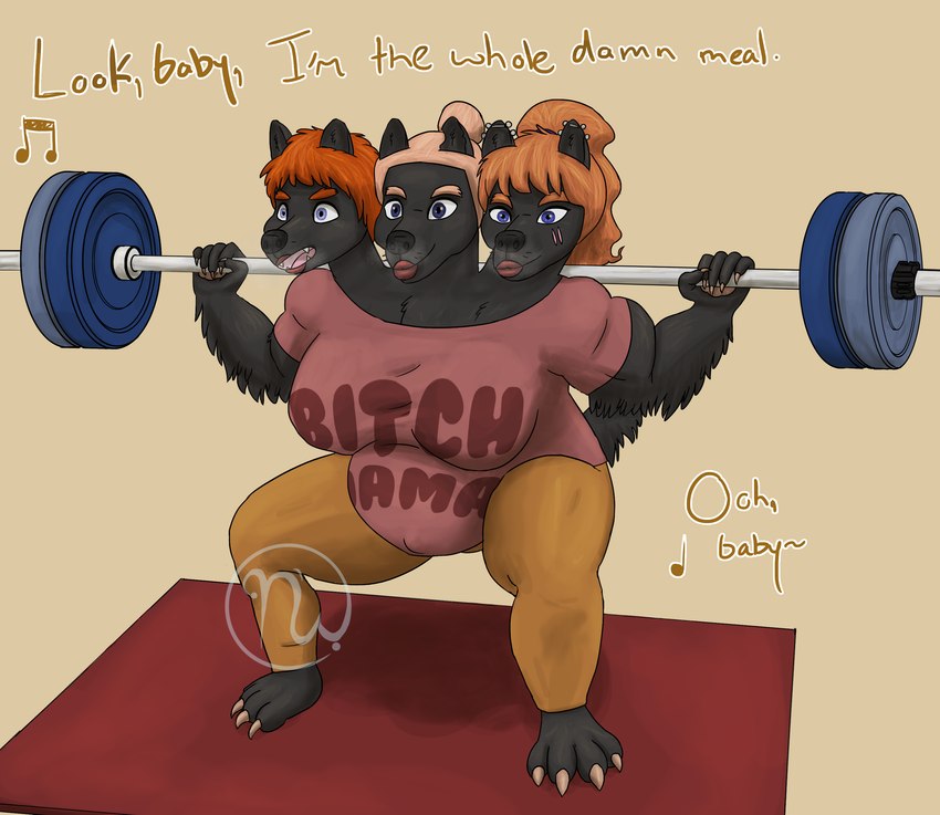3_heads 5_fingers anthro arms_bent bangs barbell barbell_piercing barefoot belly bent_legs big_belly big_breasts black_body black_fur black_nose blue_eyes bottomwear breasts breath claws closed_smile clothed clothed_anthro clothed_female clothing crouching exercise eyebrows facial_scar fangs feet female female_anthro finger_claws fingers floor_mat fluffy_arms fully_clothed fully_clothed_anthro fully_clothed_female fur hair hair_bun hand_pawpads holding_barbell light lips logo long_hair lyrics mouth_closed multi_head muscular muscular_anthro muscular_female musical_note musical_symbol navel_outline notched_ear open_mouth orange_bottomwear orange_claws orange_clothing orange_eyebrows orange_pants orange_pawpads panting pants pawpads piercing pink_scar pink_tongue ponytail pregnant pregnant_anthro pregnant_female red_clothing red_lips red_shirt red_t-shirt red_topwear scar shirt short_hair simple_background smile solo symbol t-shirt teeth text_on_t-shirt thick_thighs toe_claws tongue topwear wavy_hair weightlifting whiskers workout yellow_background skywater european_mythology greek_mythology lizzo mayternity mayternity_2025 mythology cerbelle_trimaktikos canid canid_demon canine cerberus demon hellhound mammal mythological_canine mythological_creature 2025 absurd_res artist_logo colored digital_drawing_(artwork) digital_media_(artwork) hi_res lighting shaded