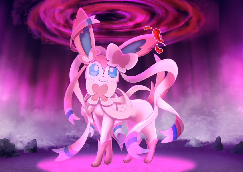 ambiguous_gender blue_eyes blue_inner_ear bow_(anatomy) cloud ear_bow_(anatomy) feral fur hair_bow_(anatomy) neck_bow_(anatomy) pink_body pink_fur quadruped ribbons_(anatomy) rock smile solo standing white_body white_fur hikari_(artist) fakemon nintendo pokemon eeveelution generation_6_pokemon gigantamax_pokemon pokemon_(species) sylveon hi_res