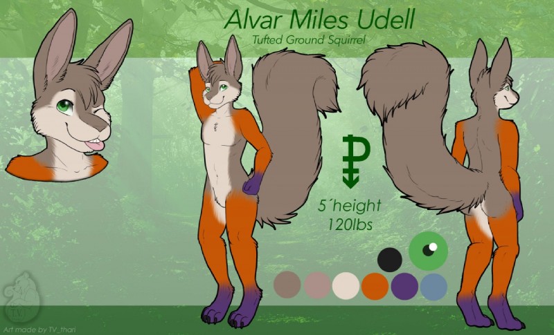 anthro fur green_eyes grey_body grey_fur multicolored_body multicolored_fur one_eye_closed orange_body orange_fur purple_body purple_fur solo standing text tongue tongue_out tv_thari alvar_miles_udell mammal rodent sciurid tufted_ground_squirrel english_text model_sheet