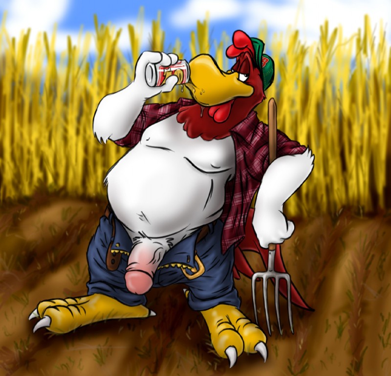 alcohol anthro avian_caruncle beak beer belly beverage biped black_eyes bottomwear clothed clothing comb_(anatomy) dewlap_(anatomy) farmer flaccid food front_view genitals hat head_crest headgear headwear humanoid_genitalia humanoid_penis looking_at_viewer male open_bottomwear open_clothing open_pants open_shirt open_topwear pants partially_clothed penis pitchfork shirt slightly_chubby solo standing tools topwear wattle wheat sdawg looney_tunes warner_brothers foghorn_leghorn avian bird chicken galliform gallus_(genus) leghorn_chicken phasianid full-length_portrait portrait